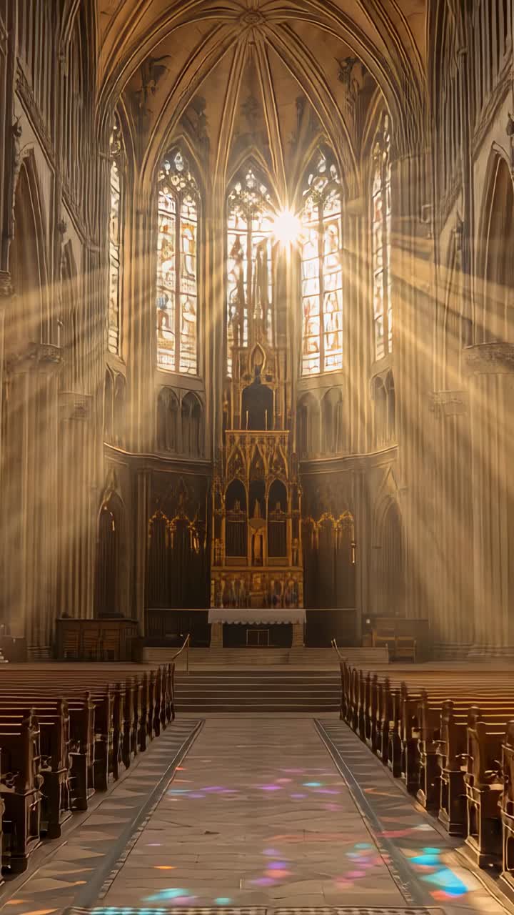 Vertical video: Streaming sunlight through stained glass windows in cathedral onto altar and pews