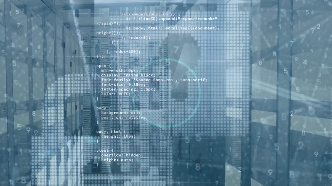 Animation of padlock icons and data processing over server room
