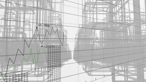 financial data processing against 3d city structure on white background