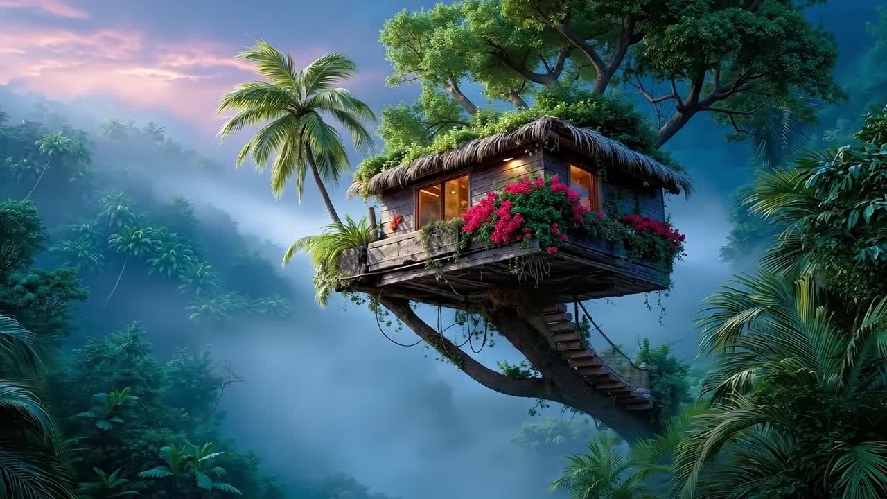 A tree house in the middle of a lush green forest