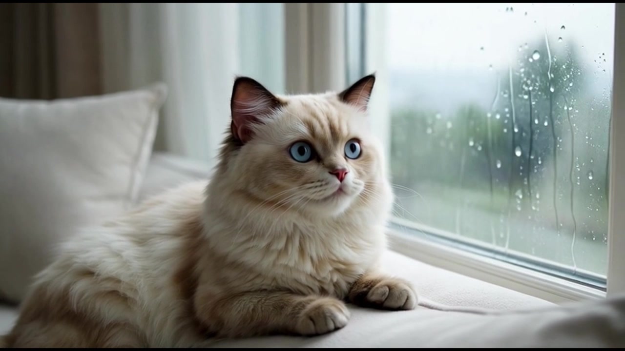 Soffice gatto Ragdoll che guarda fuori da una finestra piovosa.