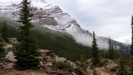 fog lingers at the base of a snow-capped mountain on a clear day