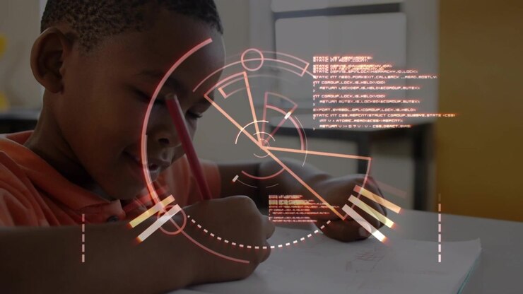 Animation of data processing over african american boy writing at school