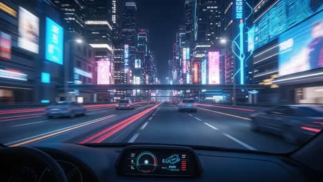 night drive through a neon-lit modern city