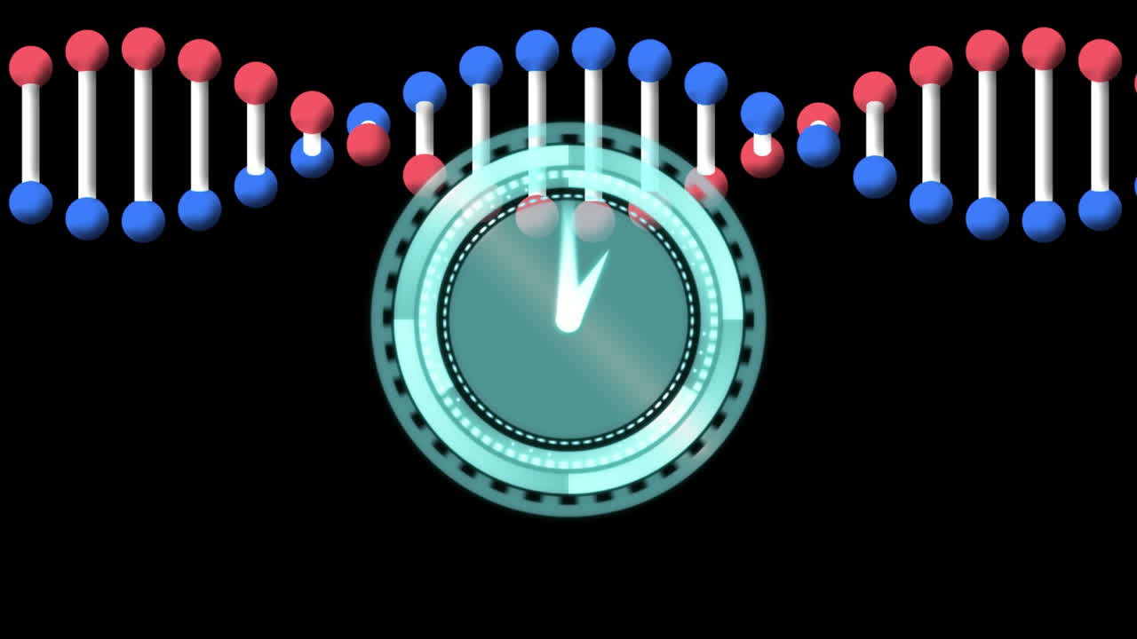 검은 바탕 위의 dna 가닥과 시계의 애니메이션