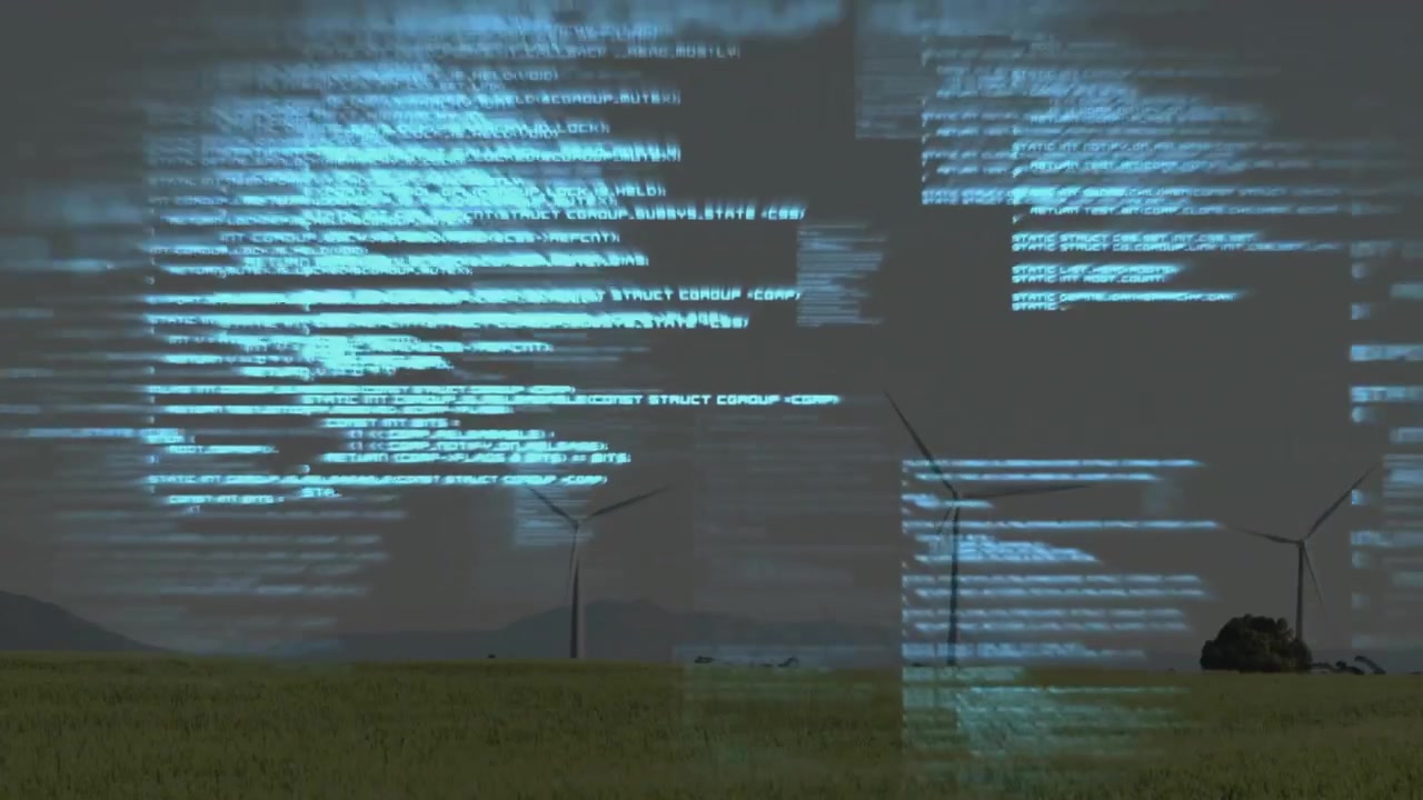 Cyan overlay sliding over turbines, energy telemetry initiating code panels showing output