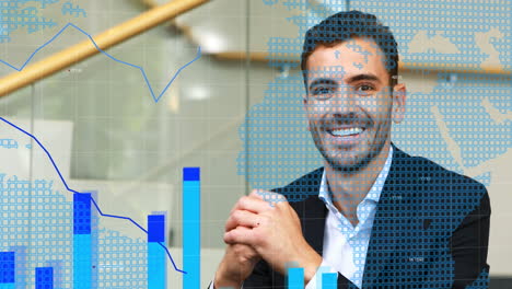 animación de gráficos, mapas y patrones de cuadrícula sobre un hombre de negocios caucásico sonriente sentado en el sofá