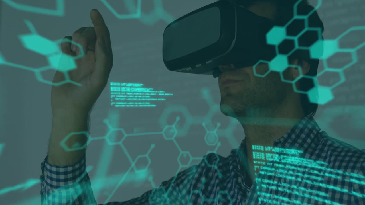 Animation of scientific data over caucasian man wearing vr headset in office