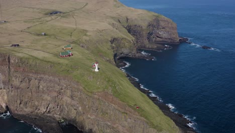 aerial top down of akraberg lighthouse on suduroy island,faroe island