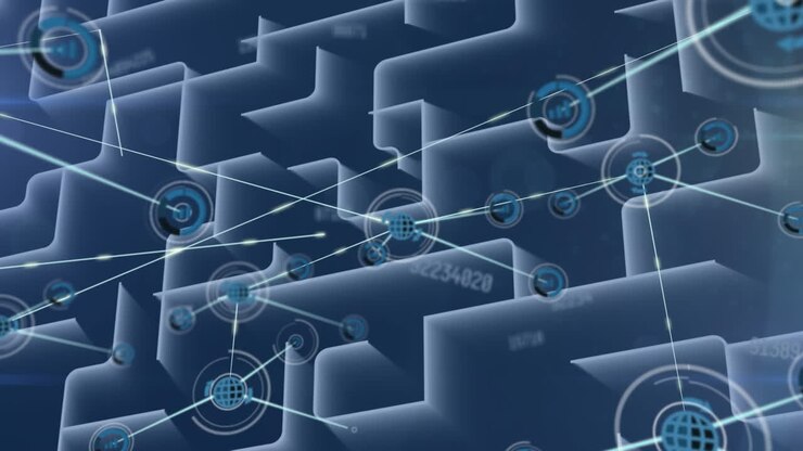 Animation of networks of connections and data processing over white lines on black background