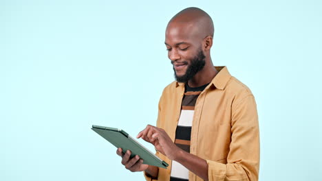 happy black man, tablet and research in networking