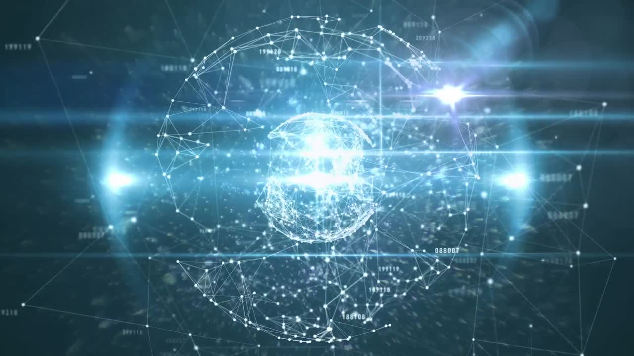 Animation of globe with network of connections and data processing