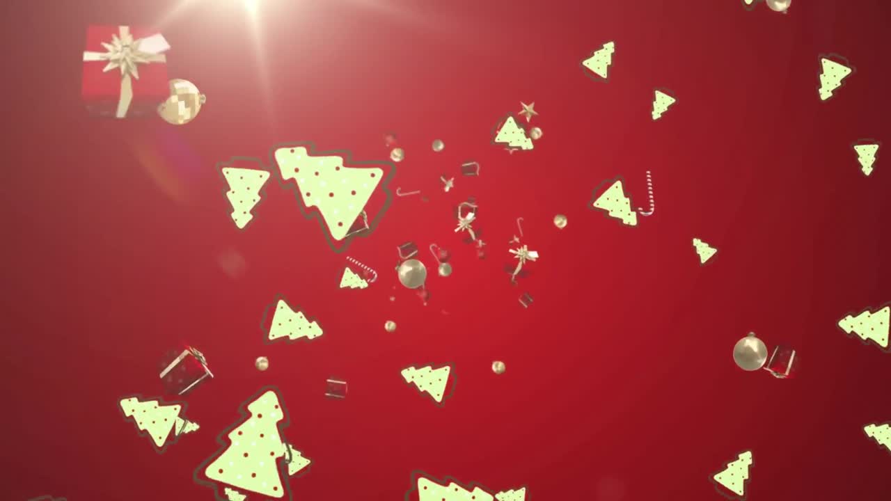 múltiples iconos de concepto de navidad cayendo contra el punto de luz sobre un fondo rojo