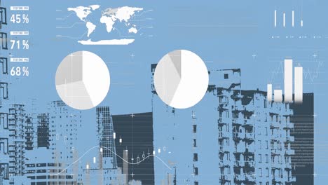 animation of financial data processing over cityscape