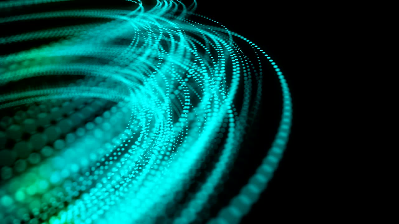abstracto línea de puntos en movimiento patrón de iluminación gradiente azul y verde forma de círculo de color, red de fibra óptica diseño conceptual brillando en el fondo oscuro, animación de bucle sin costuras 4k con espacio de copia