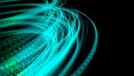 abstract moving dot line lighting pattern blue and green gradient color circle shape, fiber optic network concept design glowing in the dark background, seamless looping animation 4k with copy space