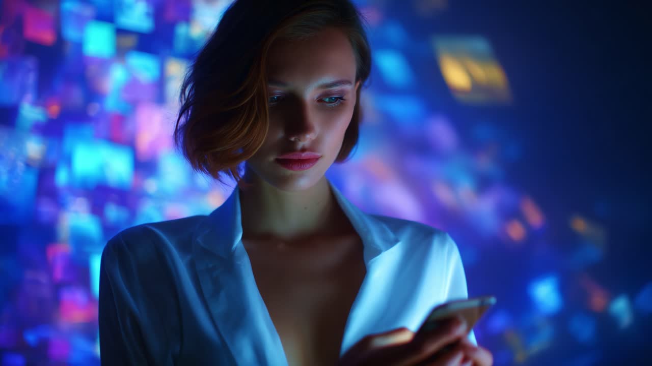 A young woman captivated by her smartphone in a visually striking environment filled with dynamic colors and digital imagery, showcasing the intersection of technology and human experience in modern life