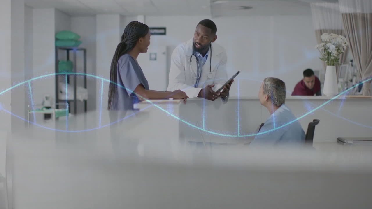 Animación de cadena de ADN y procesamiento de datos sobre diversos médicos en un hospital