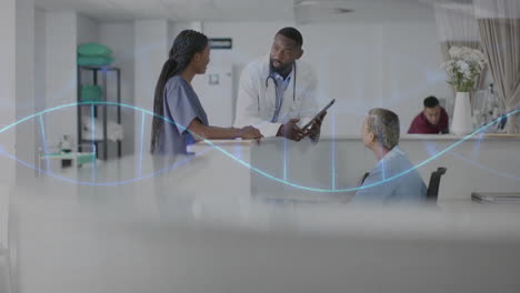 animation of dna strand and data processing over diverse doctors in hospital