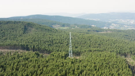 pilón de electricidad en medio de un vasto bosque montañoso portugués - toma aérea en órbita lenta