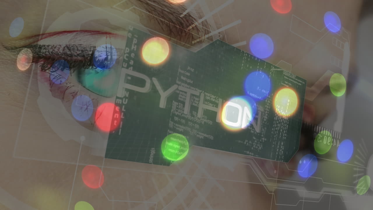 다채로운 빛의 반이는 점과 데이터 처리가 여성 눈의 근접에서