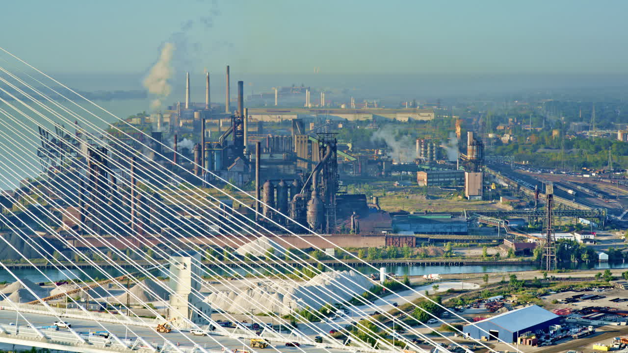 Drone shot showing Gordie Howe Bridge with industrial landscape in background