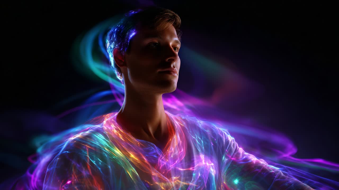 A captivating visual representation of a man surrounded by vibrant, swirling lights, creating an ethereal atmosphere that merges human presence with stunning bursts of colorful energy in a dark setting
