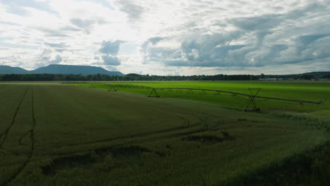 Lush-green-field-with-irrigation-equipment-in-Dardanelle,-AR,-under-cloudy-skies