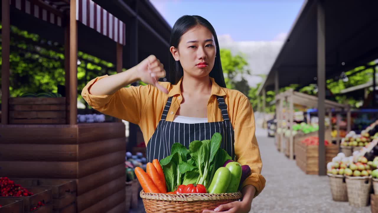 Agricultora asiática con una cesta de verduras mostrando un gesto de pulgar hacia abajo mientras está de pie en un mercado agrícola