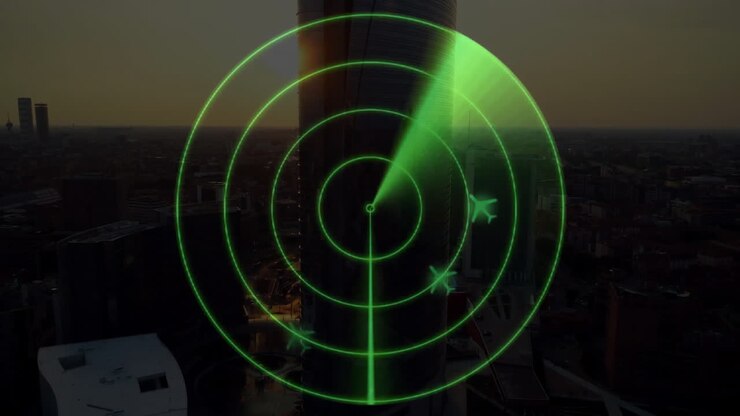 Animation of navigation data processing with scope over cityscape