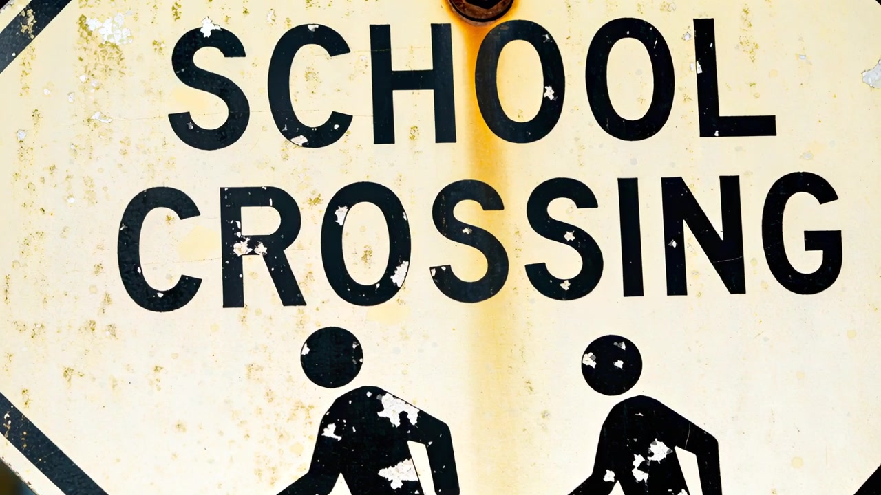Panning camera framing SCHOOL CROSSING sign at roadside, showing pictogram, rust bolt, paint chip