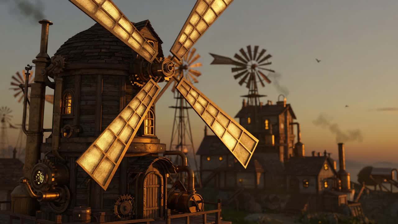 A Captivating Scene of Steampunk Windmills at Dusk, Showcasing Intricate Mechanisms and Charming Architecture Against a Serene Sky