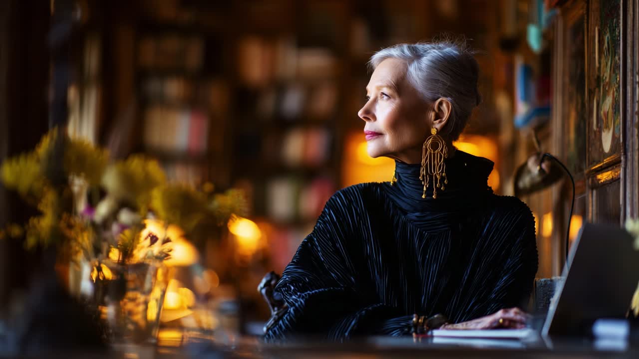 Elegant Portrait of a Thoughtful Woman in a Cozy Library Setting, Emphasizing Her Graceful Presence Amid Warm, Ambient Lighting and Beautiful Bookshelves Surrounding Her