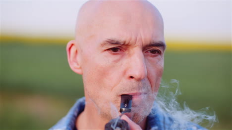 contented bald farmer smoking his pipe on field 4