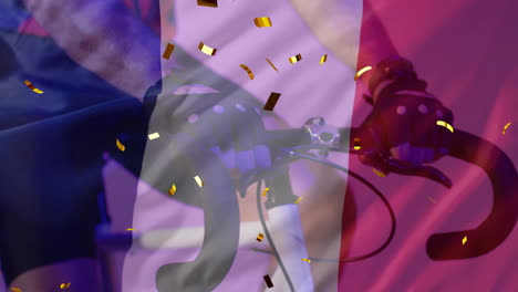 animación de confeti y bandera de francia sobre el hombre caucásico ciclismo