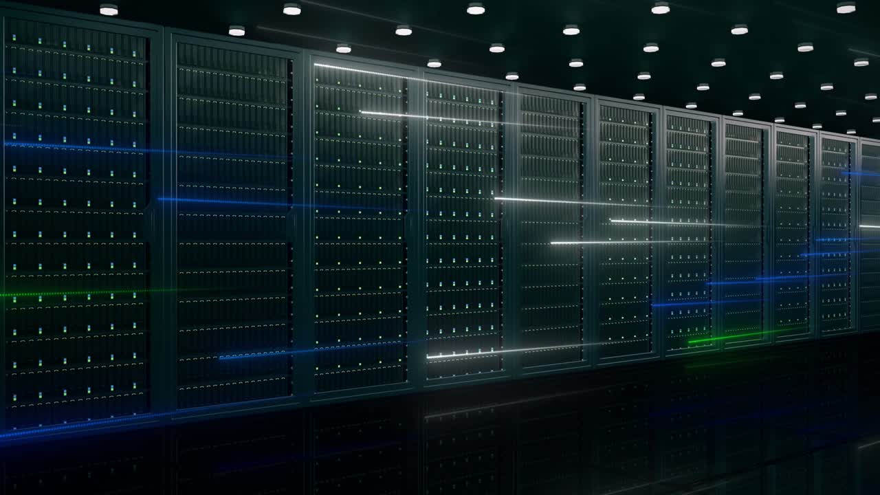 le informazioni digitali viaggiano attraverso cavi in fibra ottica attraverso la rete e server di dati dietro pannelli di vetro nella sala server del data center. linee digitali ad alta velocità