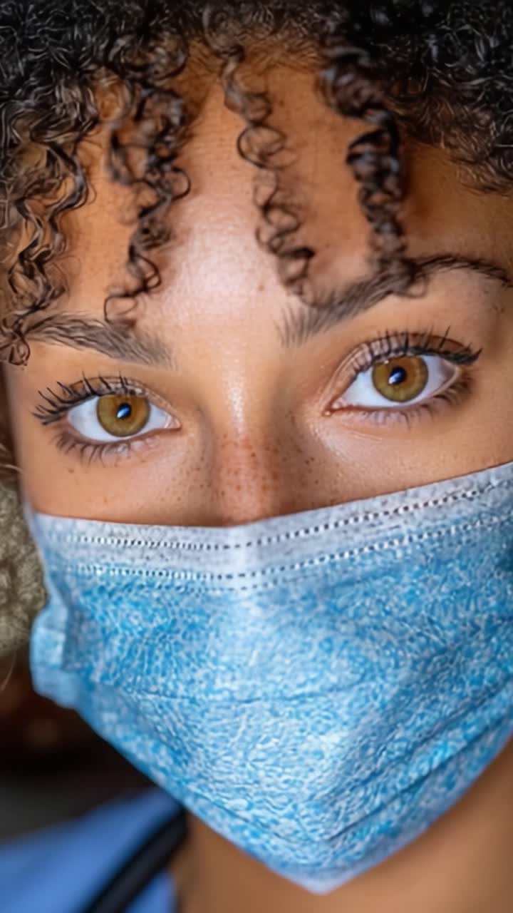 Close-Up de um Profissional de Saúde Usando Máscara, Capturando a Expressão Intensa em Seus Olhos em Meio a um Ambiente de Saúde Focado na Segurança
