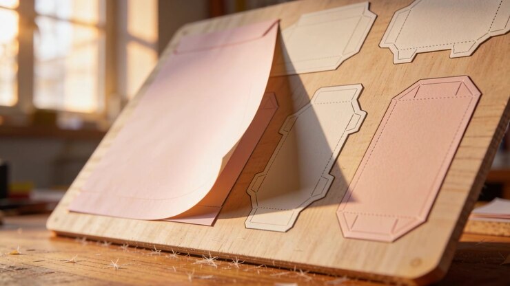 Peeling pink sheet from angled board near window, sunlight causing curl revealing tags and shavings