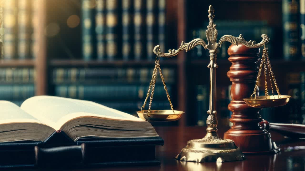 A low-angle video shot of a judge's gavel and scales of justice on a desk, with law books