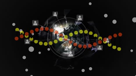 Dna-structure-spinning-over-multiple-profile-icons-on-spinning-globe-against-black-background