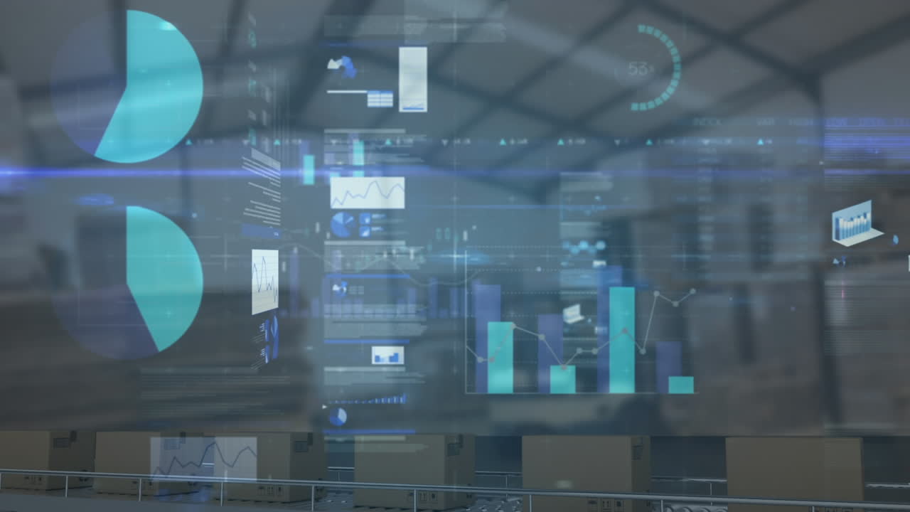 창고에서 컨베이어 벨트에 있는 카드보드 상자 위에서 통계 처리의 애니메이션