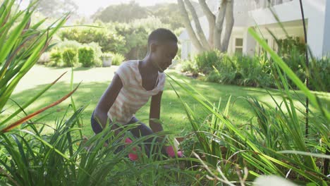 Afroamerikanerin-Pflanzt-Pflanzen-Im-Sonnigen-Garten-Und-Lächelt-In-Die-Kamera