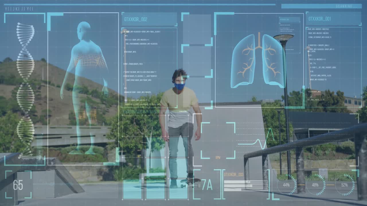Animation of medical data processing over man in face mask on skateboard