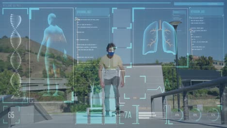 animación del procesamiento de datos médicos sobre un hombre con máscara facial en patineta