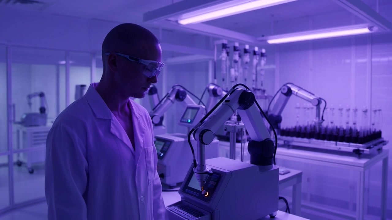 Scientist in Lab Coat and Goggles Supervising Robotic Arms in a Futuristic Laboratory