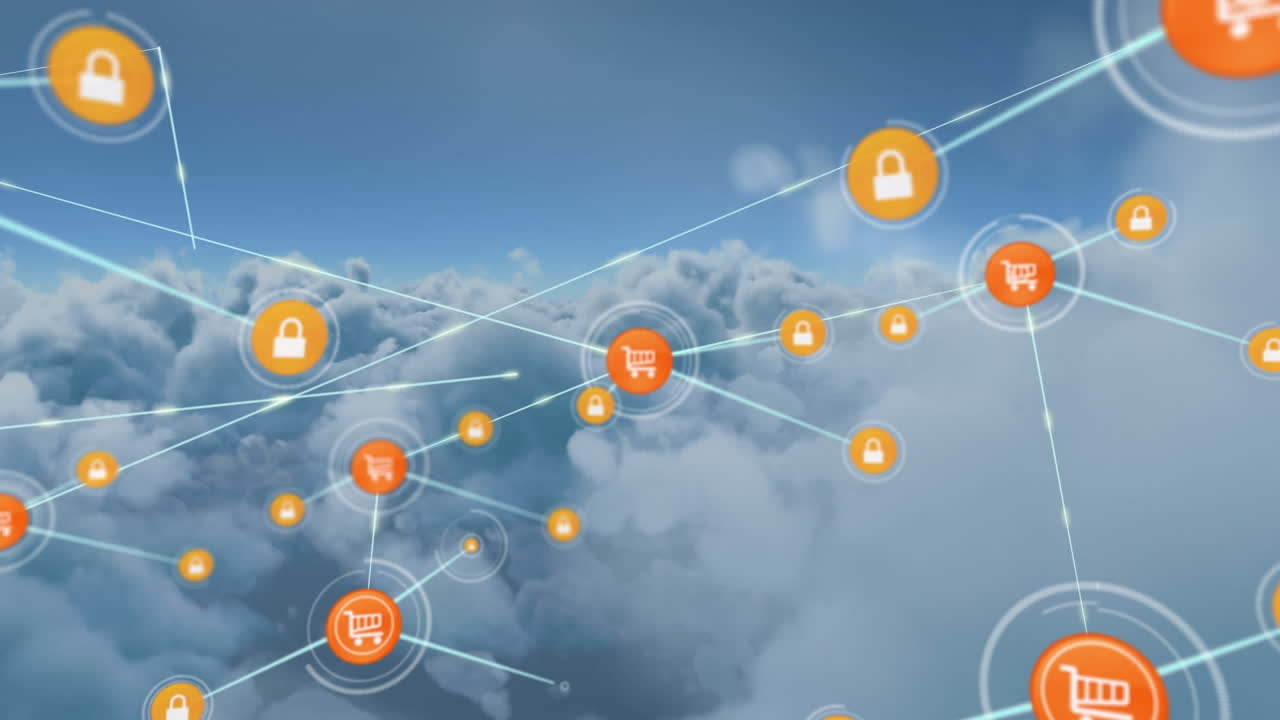 animación de la red de iconos digitales contra la oscuridad en el cielo azul.