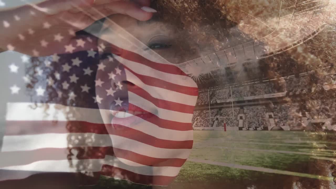 animación de la bandera de los estados unidos de américa sobre una mujer afroamericana y un estadio deportivo