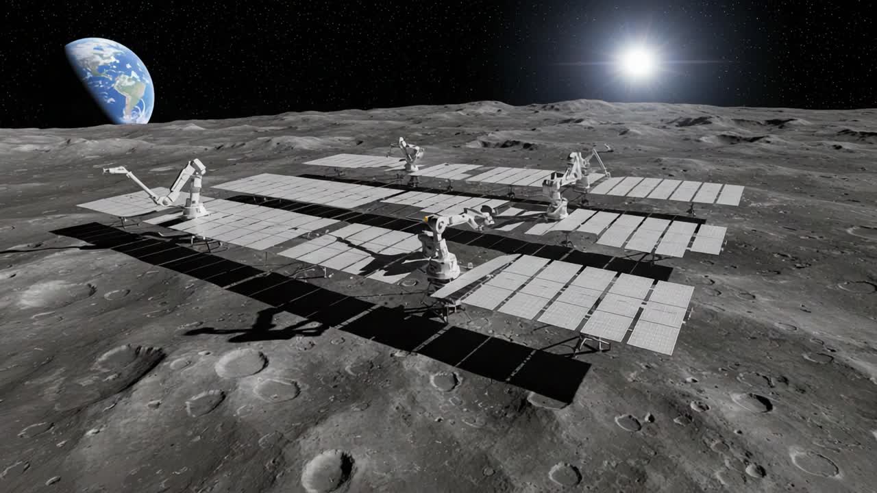 A futuristic lunar base featuring advanced robotic systems and solar panels, set against the backdrop of Earth and a bright star, showcasing the potential for extraterrestrial habitation