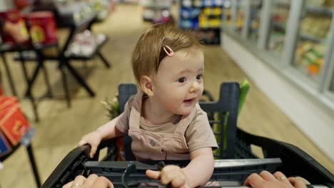 Portrait-of-a-small-infant-child-who-sits-in-a-cart-during-family-shopping-in-a-supermarket.-A-little-girl-looks-at-everything-around-her-while-shopping-with-her-parents-in-the-supermarket