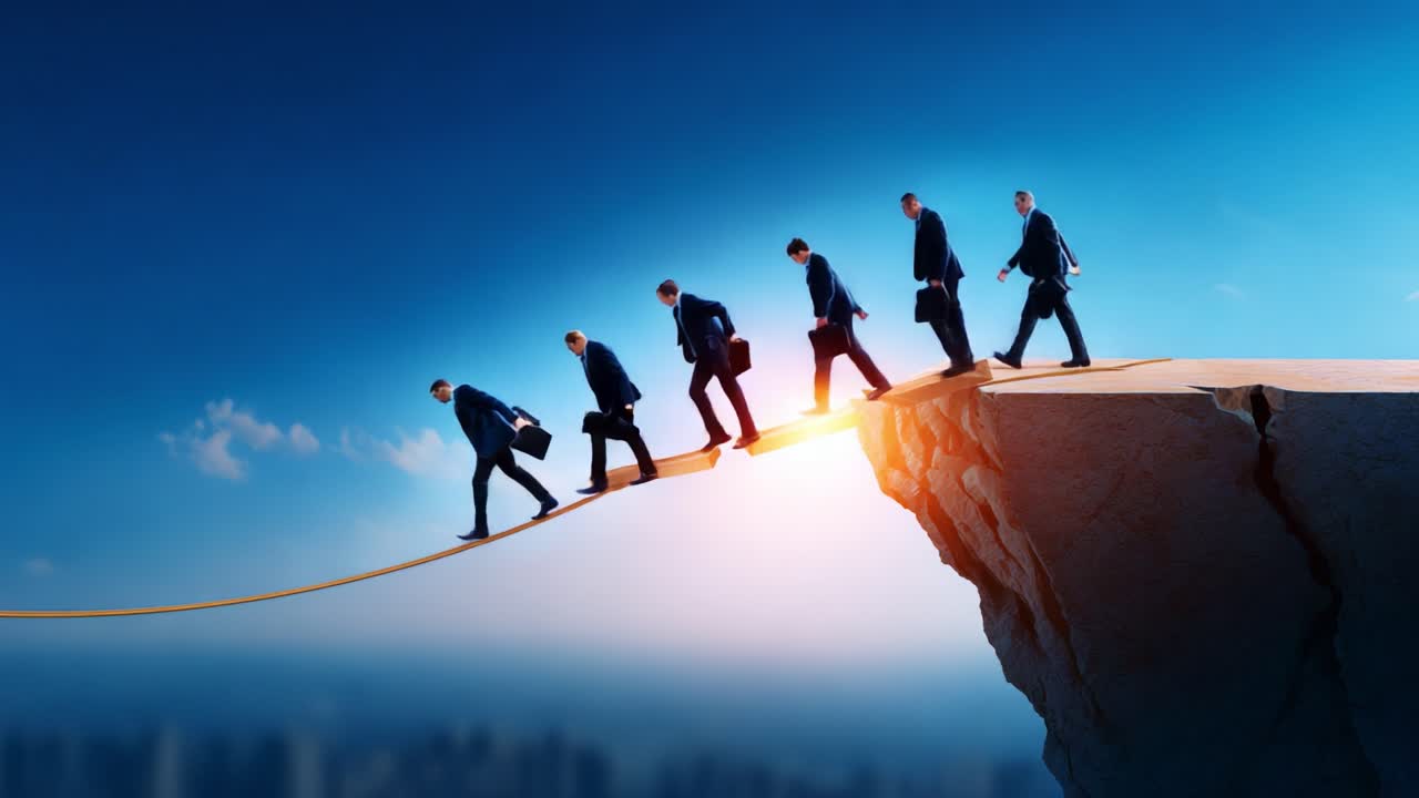 Navigating the Edge of Success: A Group of Professionals Stepping Courageously Across a Narrow Bridge Over a Chasm, Symbolizing Risk and Opportunity in Their Career Journey